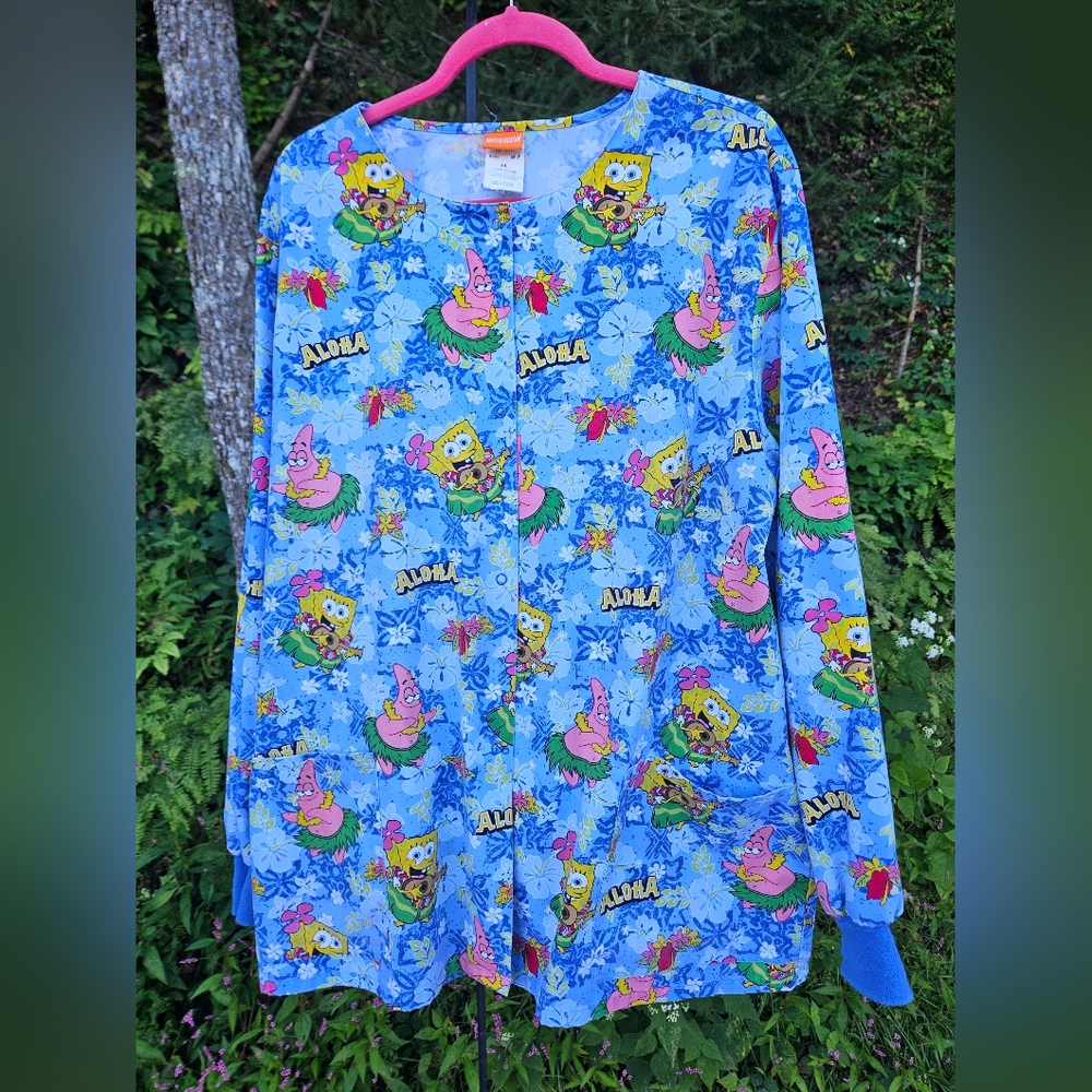 Nickelodeon Spongebob Squarepants Hawaiin Aloha Scrubs Top Size XL 2002